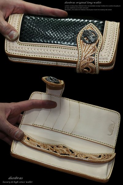 画像2: 【大特価!!】【全国送料無料】【diosbras-ディオブラス-】透かし彫りカービングINパイソン 黒蛇 ブラックパイソン バイカーズウォレット 財布 レザーウォレット ロングウォレット バイカー ヌメ革 長財布 シルバー925コンチョ クロス メッシュ【PY】【CPA】【SA】 (2)