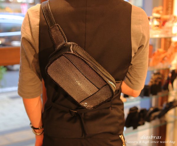 画像4: 【diosbras-ディオブラス-】ウェストバック カットスティングレイ エイ革&牛革コンビ サイドバック バイカー /牛革 ウェストポーチ【CE】 (4)