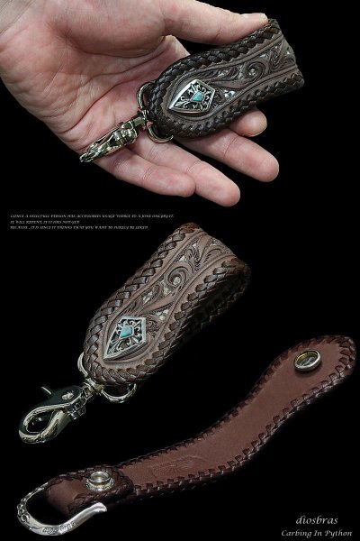 画像2: 【diosbras-ディオブラス-】透かし彫りカービング パイソン ベルトループ&ウォレットコードセット ロープ サドルレザー ウォレットチェーン キーループ  キーホルダー サドルレザー ヌメ革 /シルバー925コンチョ 【CPA】 (2)