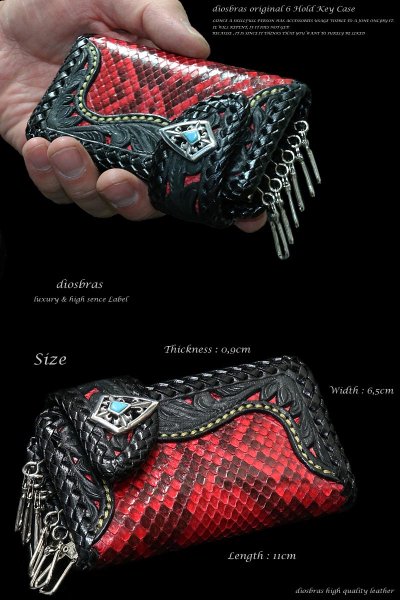 画像2: 【diosbras-ディオブラス-】6連キーケース 本革サドルレザー透かし彫りカービングINレッド赤パイソン 蛇革キーケース/牛革 バイカーズアイテム バイカー 【CPA】 【PY】 (2)