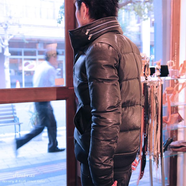 画像4: 【diosbras】【全国送料無料】最強！！本革 羊革　ラムスキン レザー ダウン ジャケット 　ライダース　バイカー メンズ/レザーダウンジャケットメンズ/ブラック シープ (4)