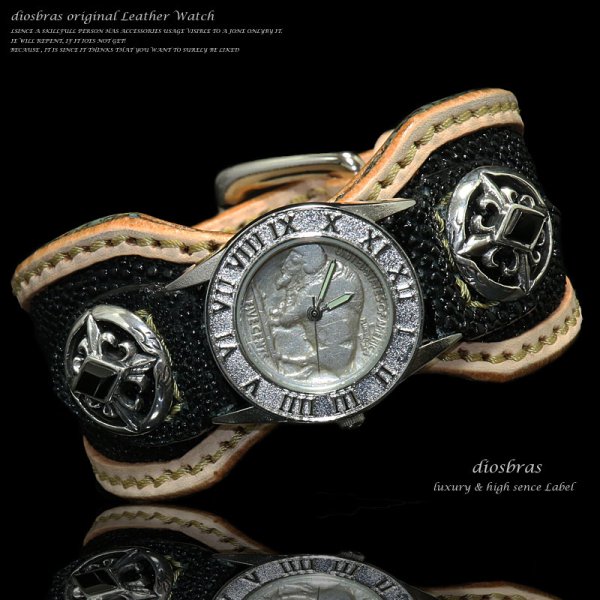 画像4: 【大特価！！】【全国送料無料】【diosbras-ディオブラス-】本革サドルレザー＆スティングレイ　エイ革　カスタムウォッチ　レザーウォッチ　ターコイズ　 コンチョ　腕時計　シルバー９２５　ヌメ革　バイカー　牛革時計　インディアン　バッファロー　フェザー　ナチュラル　ヌメ革　【EI】 (4)