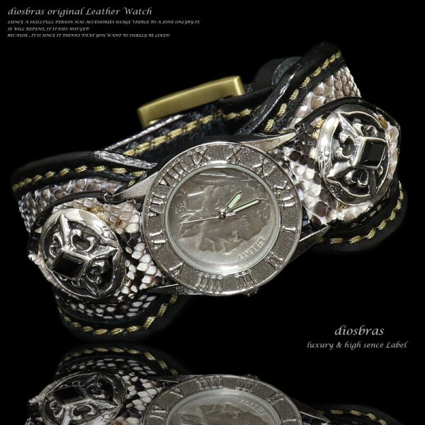画像3: 【diosbras-ディオブラス-】本革サドルレザー&パイソン カスタムウォッチ レザーウォッチ ターコイズ  コンチョ 腕時計 シルバー925 ヌメ革 バイカー 牛革時計 インディアン バッファロー フェザー ブラック 黒 【PY】 (3)