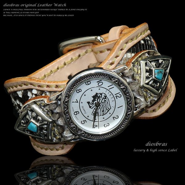 画像4: 【diosbras-ディオブラス-】本革サドルレザー&パイソン カスタムウォッチ レザーウォッチ ターコイズ  コンチョ 腕時計 シルバー925 ヌメ革 バイカー 牛革時計 インディアン バッファロー フェザー ナチュラル ヌメ革 【PY】 (4)
