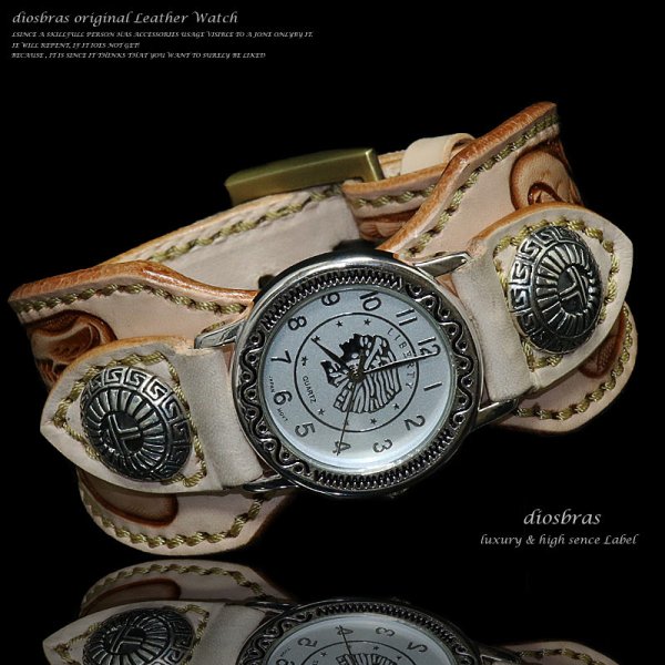 画像4: 【diosbras-ディオブラス-】本革サドルレザー手彫りカービングカスタムウォッチ レザーウォッチ  コンチョ 腕時計 シルバー925 ヌメ革 バイカー 牛革時計 ナチュラル ヌメ革 【CPA】 (4)