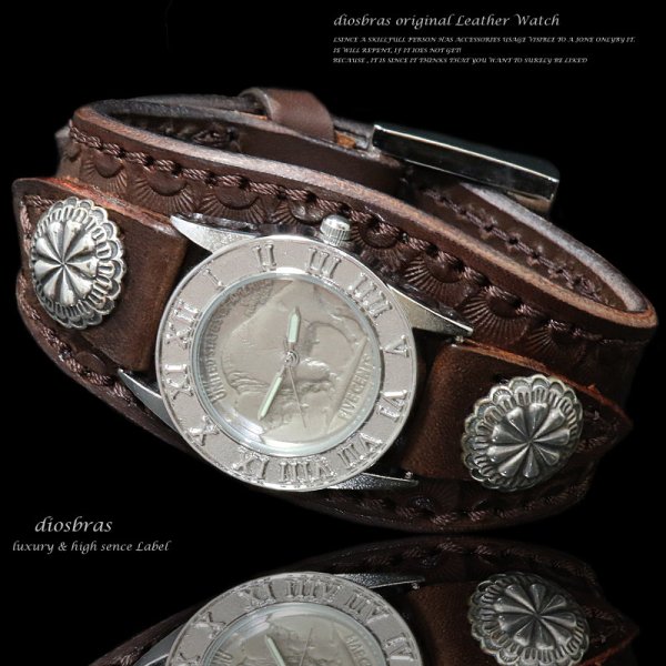 画像3: 【diosbras-ディオブラス-】本革サドルレザー バイカーズ ブレスウォッチ　コンチョ　レザーウォッチ　牛革腕時計　インディアンフェイス　Mサイズ　ブラウン　茶【SA】 (3)