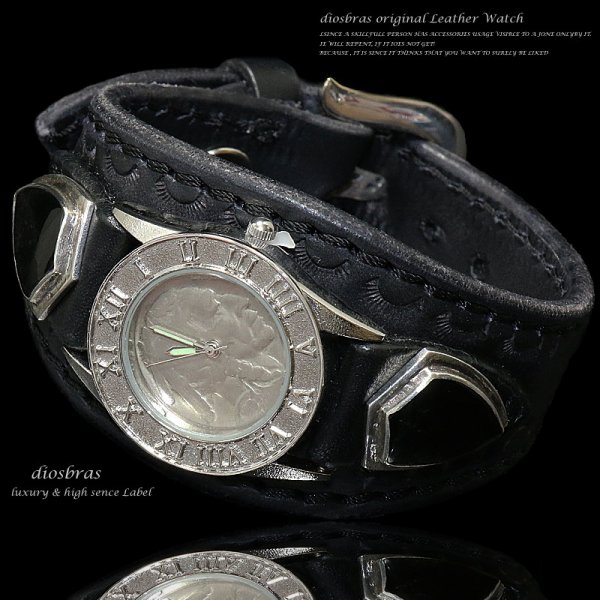 画像3: 【diosbras-ディオブラス-】本革サドルレザー カスタムウォッチ レザーウォッチ  コンチョ 腕時計 シルバー925 ヌメ革 バイカー 牛革時計 ブラック 黒【SA】 (3)