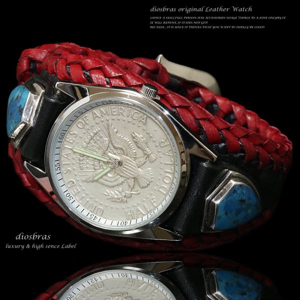 画像3: 【diosbras-ディオブラス-】本革サドルレザー カスタムウォッチ レザーウォッチ コンチョ 腕時計 シルバー925 ヌメ革 バイカー 牛革時計 ブラック レッド 黒 赤【SA】 (3)