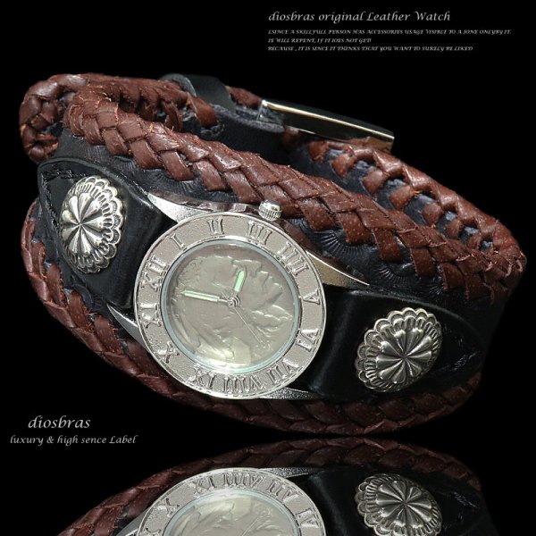 画像3: 【diosbras-ディオブラス-】本革サドルレザー バイカーズ ブレス バイカー ウォッチ  コンチョ レザーウォッチ 牛革腕時計 Mサイズ 黒 茶【SA】 (3)