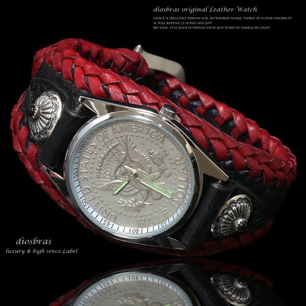 画像3: 【diosbras-ディオブラス-】本革ブラックサドルレザー バイカーズ ブレスウォッチ コンチョ　レザーウォッチ　牛革腕時計　ターコイズフェイス　Mサイズ　黒　赤【SA】 (3)