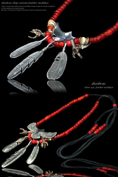 画像2: 【diosbras-ディオブラス】フェザー ネックレス メンズ ネイティブ イーグル&フェザー クロウ 爪 ビーズ ネックレス ホワイトハーツ オールドビーズ 赤 (2)