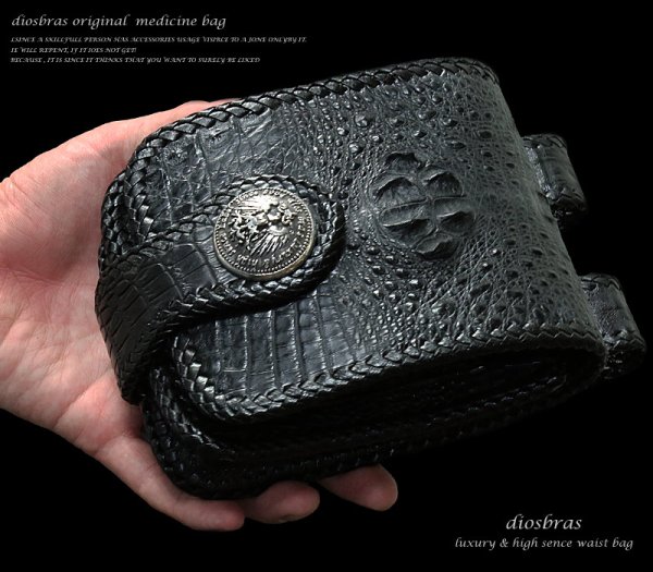 画像4: 【diosbras-ディオブラス】メディスンバッグ 本革 黒 ブラック クロコダイル 鰐革 サドルレザー メディスンバック /バイカーズ/牛革/ウェストバック/シルバー925/コンチョ/スティングレイ【CL】 (4)