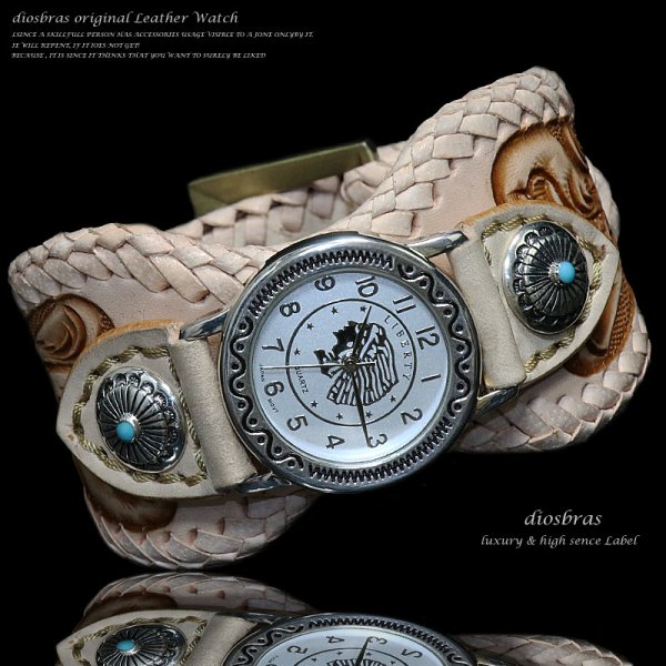 画像4: 【diosbras-ディオブラス-】本革手彫りカービング&サドルレザー コンビネーション バイカーズ ワイルド ターコイズ ウォッチ バイカーズ 時計インディアン 【CPA】 (4)