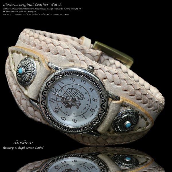 画像3: 【diosbras-ディオブラス-】本革サドルレザー　バイカーズウォッチ 牛革時計　Mサイズ　コンチョ　シルバー９２５　ヌメ革　レザーウォッチ【ナチュラル】【SA】 (3)