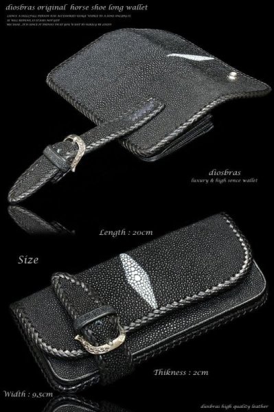 画像4: 【diosbras-ディオブラス-】本革 エイ革 スティングレイ スティングレー バイカーズウォレット 馬蹄  バックル ホースシュー 財布 レザーウォレット ロングウォレット ウォレット バイカー 長財布 牛革 シルバー925コンチョ 長財布【EI】【ブラック・黒】 (4)