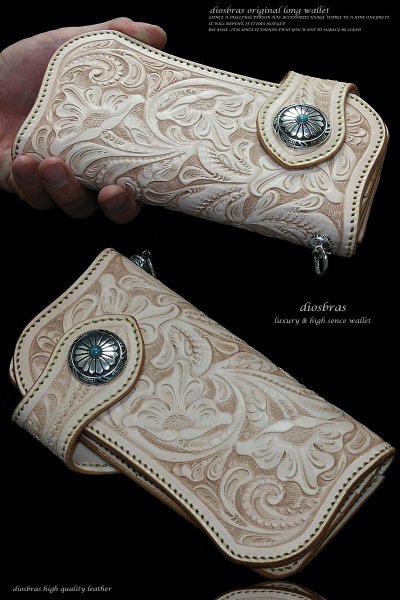 画像2: 【diosbras-ディオブラス】カービングウォレット　バイカーズウォレット　コンチョ　本革ナチュラルサドルレザー　長財布　シルバー９２５【CG】 (2)