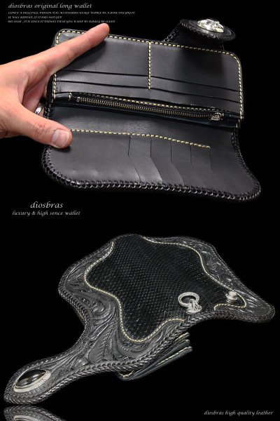 画像5: 【diosbras-ディオブラス】透かし彫りカービングINブラックパイソン 黒 レザーウォレット バイカーウォレット コンチョ 本革サドルレザー 財布 シルバー925 蛇革 ヘビ ナチュラル【CPA】 (5)