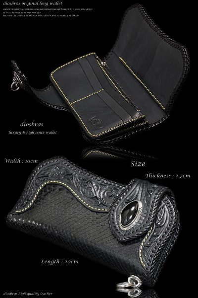 画像4: 【diosbras-ディオブラス】透かし彫りカービングINブラックパイソン 黒 レザーウォレット バイカーウォレット コンチョ 本革サドルレザー 財布 シルバー925 蛇革 ヘビ ナチュラル【CPA】 (4)