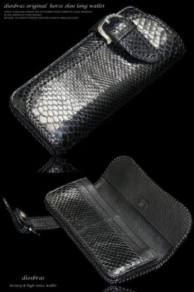 画像5: 本革 ダイヤモンド パイソン 黒 ブラック ヘビ革 蛇革 バイカーズウォレット 馬蹄  バックル ホースシュー 財布 レザーウォレット ロングウォレット ウォレット バイカーヌメ革 長財布 牛革 シルバー925コンチョ【PA (5)