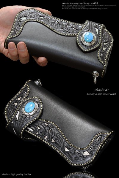 画像2: 【diosbras-ディオブラス】透かし彫りカービングINパイソン&サドルレザー レザーウォレット バイカーウォレット コンチョ 本革サドルレザー 財布 シルバー925 ナチュラル【CPA】 (2)