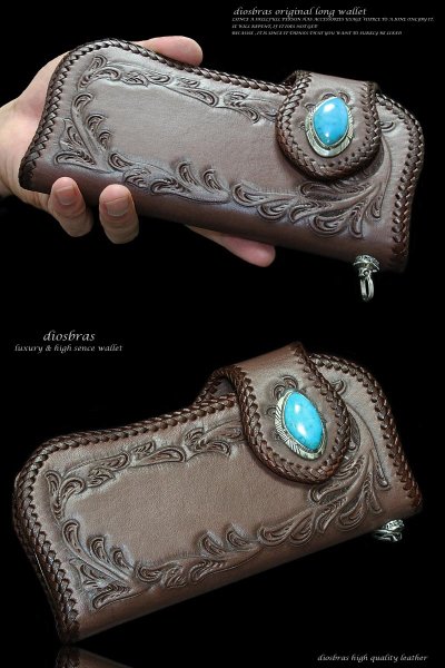 画像2: 【diosbras-ディオブラス】本革サドルレザーカービングウォレット  アラベスク　カービングバイカーズウォレット　長財布/ロングウォレット　牛革財布　シルバー９２５コンチョヌメ革サイフwallet【CG】 (2)