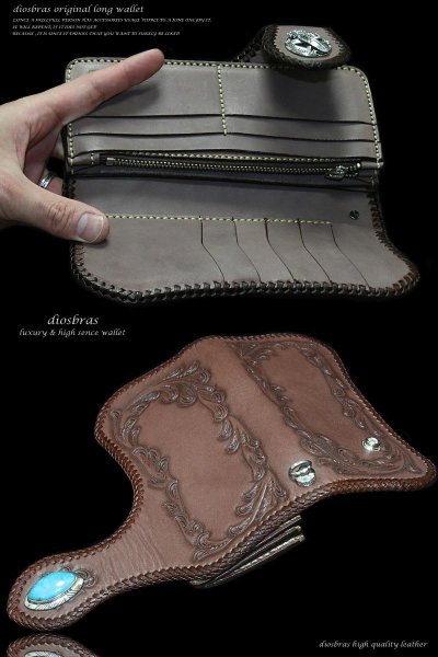 画像5: 【diosbras-ディオブラス】本革サドルレザーカービングウォレット  アラベスク　カービングバイカーズウォレット　長財布/ロングウォレット　牛革財布　シルバー９２５コンチョヌメ革サイフwallet【CG】 (5)