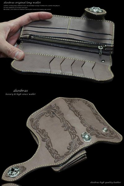 画像5: 【diosbras-ディオブラス】本革サドルレザーカービングウォレット  アラベスク　カービングバイカーズウォレット　長財布/ロングウォレット　牛革財布　シルバー９２５コンチョヌメ革サイフwallet【CG】 (5)