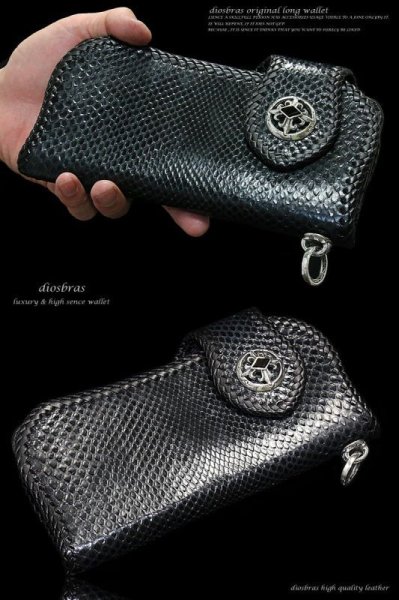 画像2: 【diosbras-ディオブラス-】ブラック　黒ダイヤモンドパイソン革レザーウォレット　バイカーウォレット　コンチョ　本革サドルレザー　財布　シルバー９２５【PY】 (2)