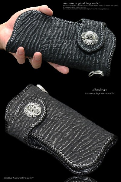 画像2: 【diosbras-ディオブラス-】シャークスキンレザーウォレット サメ革バイカーウォレット コンチョ 本革サドルレザー 財布 シルバー925【SS】 (2)