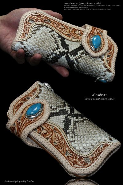 画像2: 【diosbras-ディオブラス】透かし彫りカービングINパイソン レザーウォレット バイカーウォレット コンチョ 本革サドルレザー 財布 シルバー925 ナチュラル【CPA】 (2)