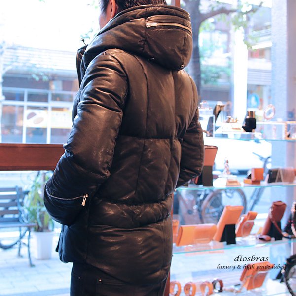 画像8: フーデット レザー フード付き ダウン ジャケット 最強!! 本革 羊革 羊皮 ラム シープ スキン レザー ダウン ジャケット  ライダース フード バイカー メンズ レザーダウンジャケット メンズ ブラック レザージャケット  シープ タイト スポーティー【diosbras-ディオブラス】 (8)