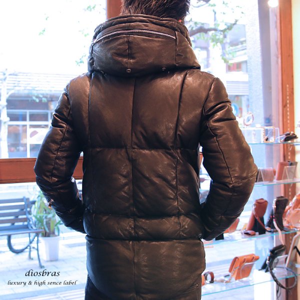 画像7: フーデット レザー フード付き ダウン ジャケット 最強!! 本革 羊革 羊皮 ラム シープ スキン レザー ダウン ジャケット  ライダース フード バイカー メンズ レザーダウンジャケット メンズ ブラック レザージャケット  シープ タイト スポーティー【diosbras-ディオブラス】 (7)