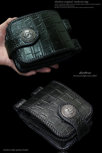画像4: 【diosbras-ディオブラス-】メディスンバッグ 本革 ブラック 黒 クロコダイル 鰐革 サドルレザー メディスンバック /バイカーズ/牛革/ウェストバック/シルバー925/コンチョ (4)
