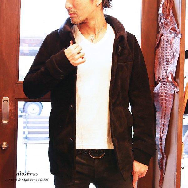画像3: 最強!! 本革 牛革 カウ スエード ショートコート レザー ピーコート テーラード ジャケット  ライダース フード バイカー メンズ レザージャケット メンズ ブラック レザージャケット   タイト【diosbras-ディオブラス】 (3)