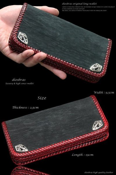 画像2: 【diosbras-ディオブラス-】本革シャークスキン&ダブルホールドコンチョ レッドステッチ バイカーズウォレット/牛革財布シルバー925コンチョ/長財布walletサイフ【SS】 (2)