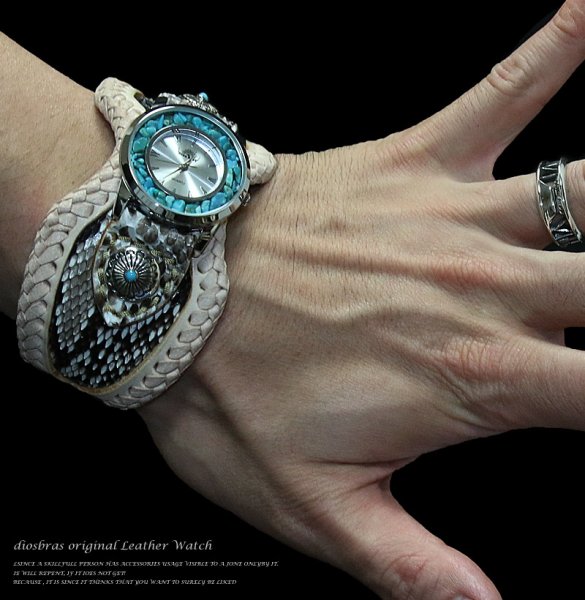 画像3: 【diosbras-ディオブラス-】本革パイソン&サドルレザーコンビネーションバイカーズワイルドターコイズウォッチ バイカーズ 時計インディアン ダイヤモンドパイソン 【PY】 (3)