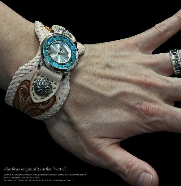 画像3: 【diosbras-ディオブラス-】本革手彫りカービング&サドルレザー コンビネーション バイカーズ ワイルド ターコイズ ウォッチ バイカーズ 時計インディアン 【CPA】 (3)