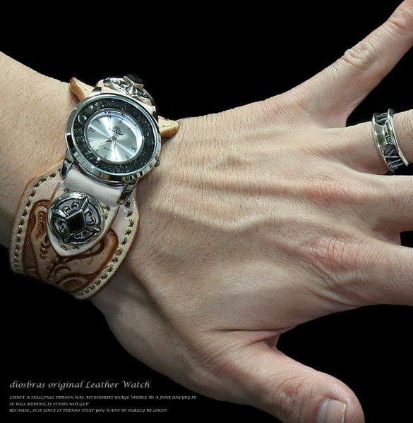 画像3: 【diosbras-ディオブラス-】本革サドルレザー手彫りカービングカスタムウォッチ レザーウォッチ  コンチョ 腕時計 シルバー925 ヌメ革 バイカー 牛革時計 ナチュラル ヌメ革 【CPA】 (3)