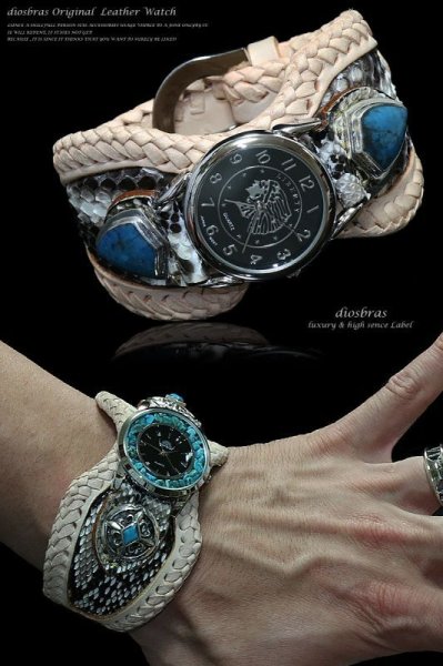 画像3: 【diosbras-ディオブラス-】本革サドルレザー&パイソン カスタムウォッチ レザーウォッチ ターコイズ  コンチョ 腕時計 シルバー925 ヌメ革 バイカー 牛革時計 インディアン バッファロー フェザー ナチュラル ヌメ革 【PY】 (3)