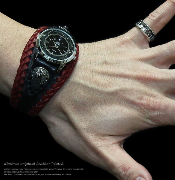 画像2: 【diosbras-ディオブラス-】本革ブラックサドルレザー バイカーズ ブレスウォッチ コンチョ　レザーウォッチ　牛革腕時計　ターコイズフェイス　Mサイズ　黒　赤【SA】 (2)