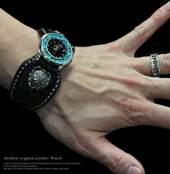 画像2: 【diosbras-ディオブラス-】本革スティングレーエイ革&サドルレザーコンビネーションバイカーズワイルドウォッチ バイカーズ 時計インディアン コンチョ メンズ ベルト シルバー925 ヌメ革 レザーウォッチ ガルーシャ (2)