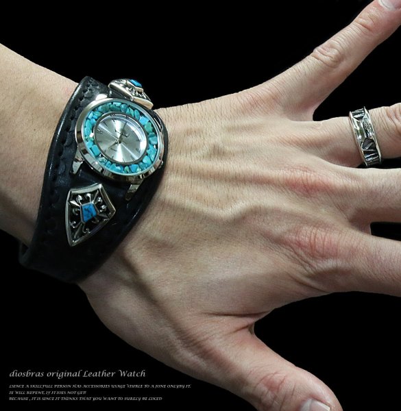 画像2: 【diosbras-ディオブラス-】本革サドルレザー カスタムウォッチ レザーウォッチ  コンチョ 腕時計 シルバー925 ヌメ革 バイカー 牛革時計 ブラック 黒【SA】 (2)