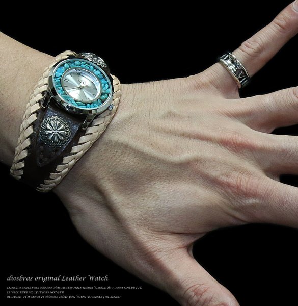 画像2: 【diosbras-ディオブラス-】本革ダークブラウンサドルレザー バイカーズ ブレスウォッチ  コンチョ レザーウォッチ 牛革腕時計  Mサイズ 茶【SA】 (2)