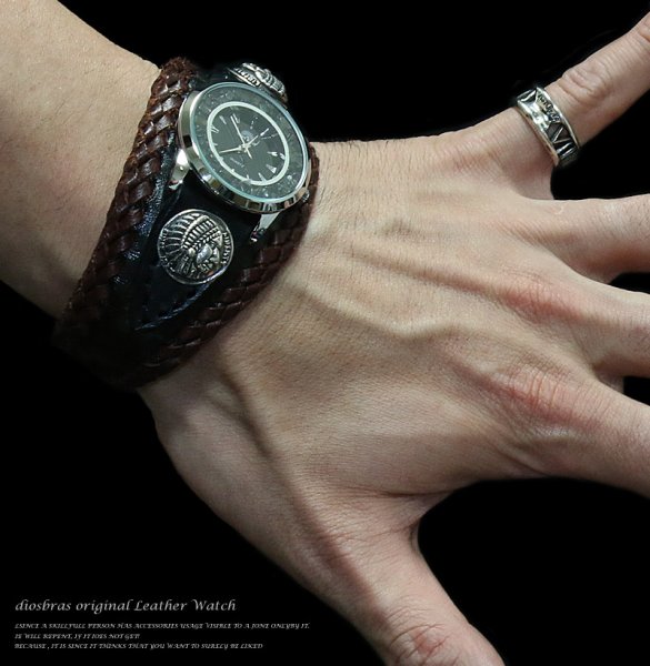 画像2: 【diosbras-ディオブラス-】本革サドルレザー　カスタムウォッチ　レザーウォッチ　コンチョ　腕時計　シルバー９２５　ヌメ革　バイカー　牛革時計【ブラック/ブラウン】【SA】 (2)