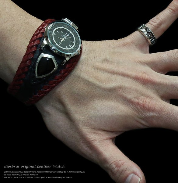 画像2: 【diosbras-ディオブラス-】本革サドルレザー カスタムウォッチ レザーウォッチ コンチョ 腕時計 シルバー925 ヌメ革 バイカー 牛革時計 ブラック レッド 黒 赤【SA】 (2)