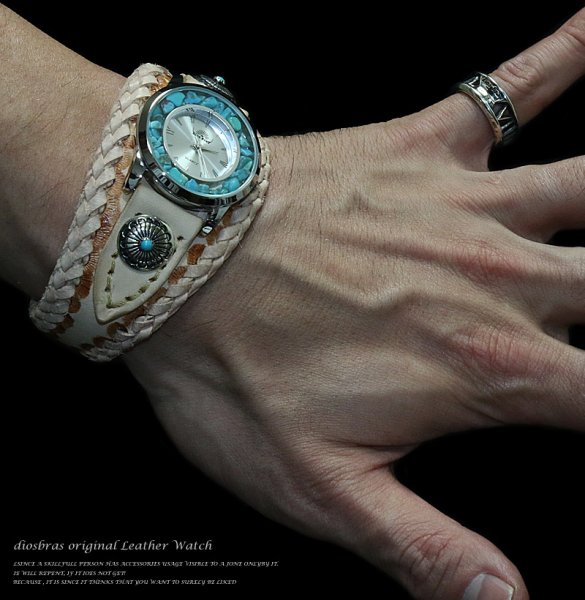 画像2: 【diosbras-ディオブラス-】本革サドルレザー　バイカーズウォッチ 牛革時計　　Mサイズ コンチョ　シルバー９２５　ヌメ革　レザーウォッチ ナチュラル【SA】 (2)