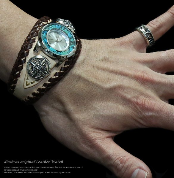 画像2: 【diosbras-ディオブラス-】本革サドルレザー カスタムウォッチ レザーウォッチ コンチョ 腕時計 シルバー925 ヌメ革 バイカー 牛革時計 ブラウン 茶 ナチュラル 【SA】 (2)
