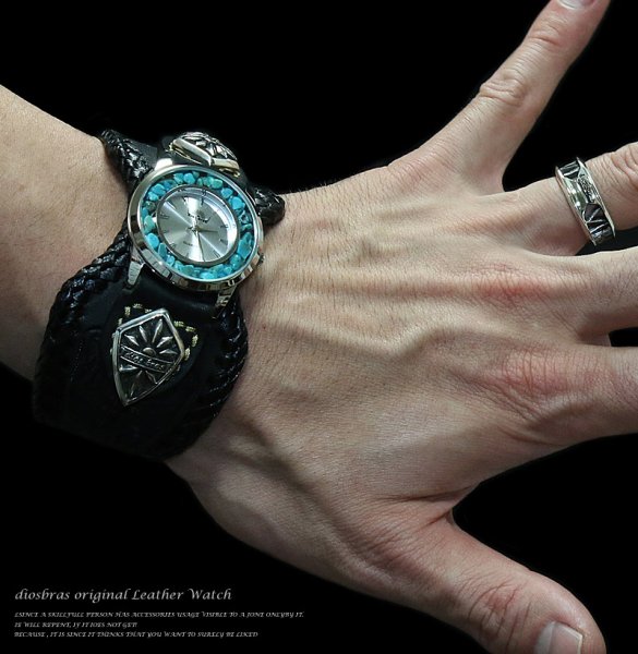 画像2: 【diosbras-ディオブラス-】本革サドルレザー手彫りカービング カスタムウォッチ レザーウォッチ ターコイズ  コンチョ 腕時計 シルバー925 ヌメ革 バイカー 牛革時計 インディアン バッファロー フェザー ブラック 黒 【CPA】 (2)