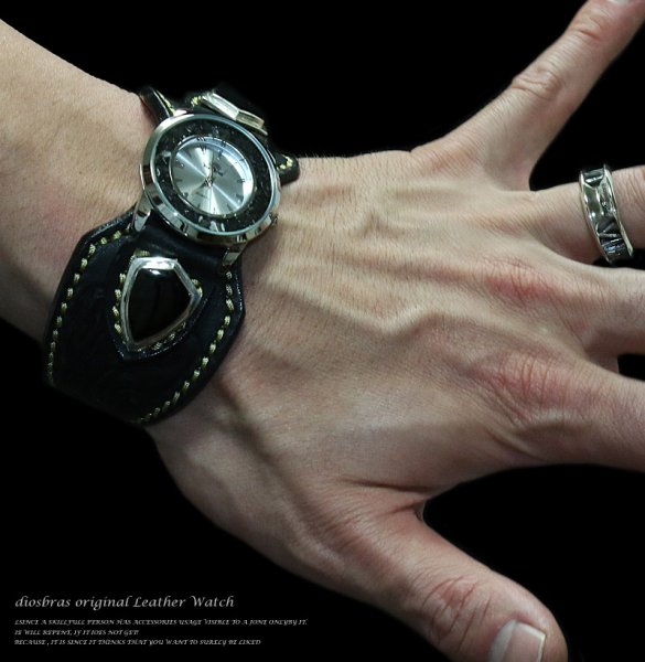 画像2: 【大特価!!】【全国送料無料】【diosbras-ディオブラス-】本革サドルレザーカービング カスタムウォッチ レザーウォッチ ターコイズ  コンチョ 腕時計 シルバー925 ヌメ革 バイカー 牛革時計 インディアン バッファロー フェザー 黒 ブラック (2)