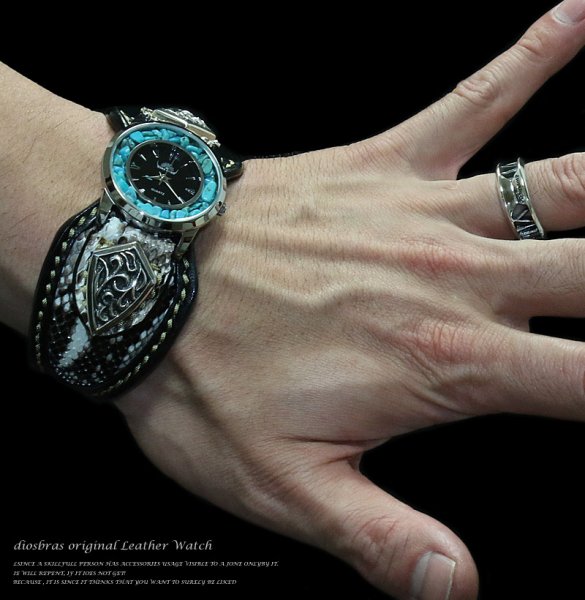 画像2: 【diosbras-ディオブラス-】本革サドルレザー&パイソン カスタムウォッチ レザーウォッチ ターコイズ  コンチョ 腕時計 シルバー925 ヌメ革 バイカー 牛革時計 インディアン バッファロー フェザー ブラック 黒 【PY】 (2)
